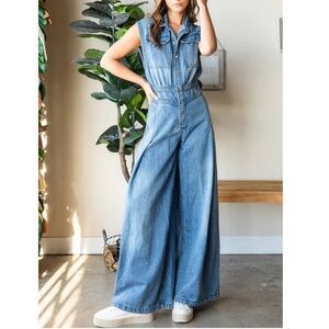 Vervet denim button down sleeveless ultra wide leg jumpsuit (flaw) large